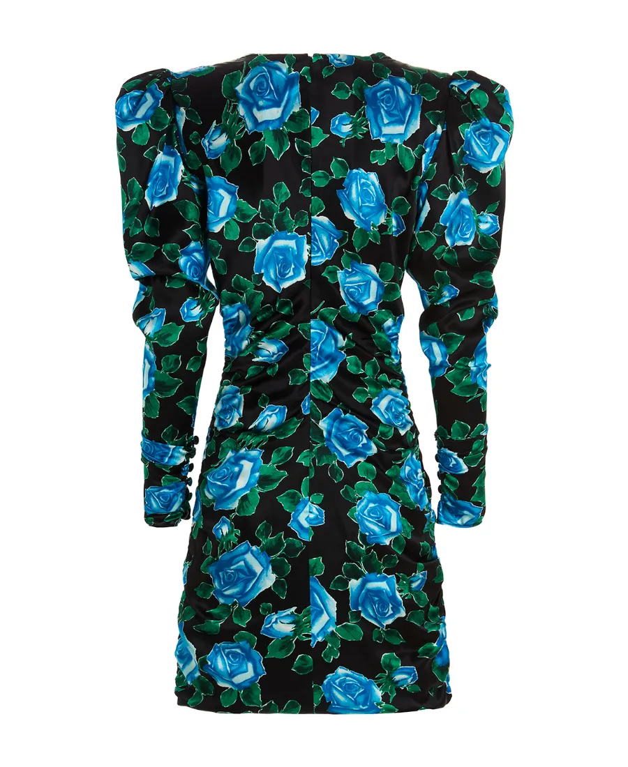 Rose Printed Satin Draped Mini Dress