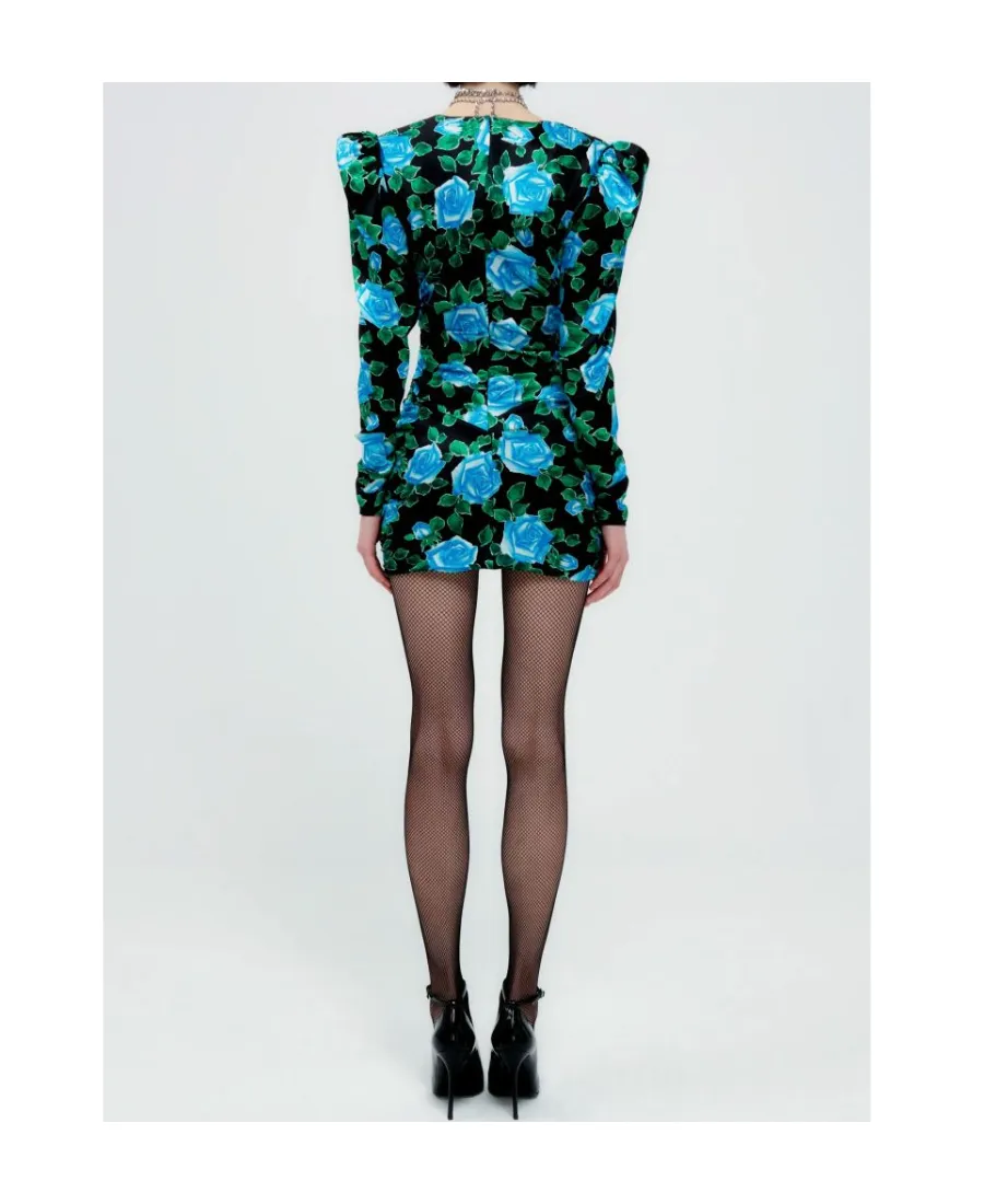 Rose Printed Satin Draped Mini Dress