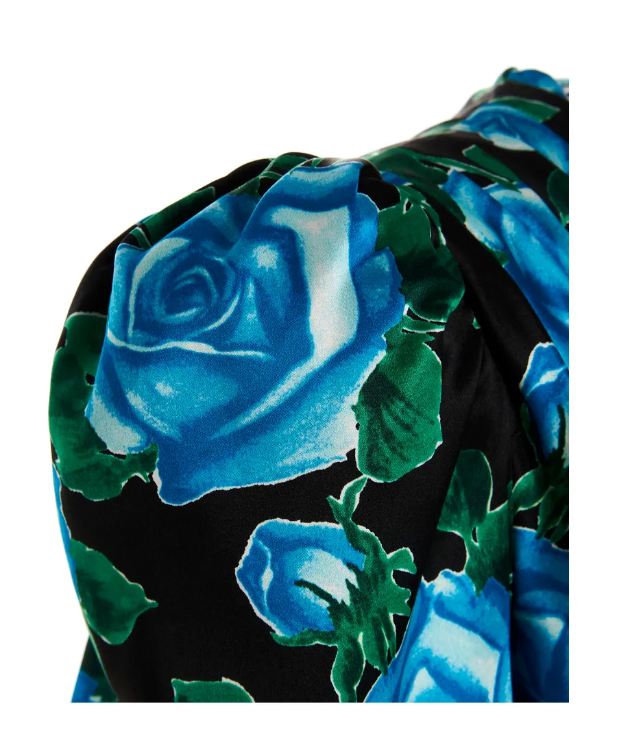 Rose Printed Satin Draped Mini Dress