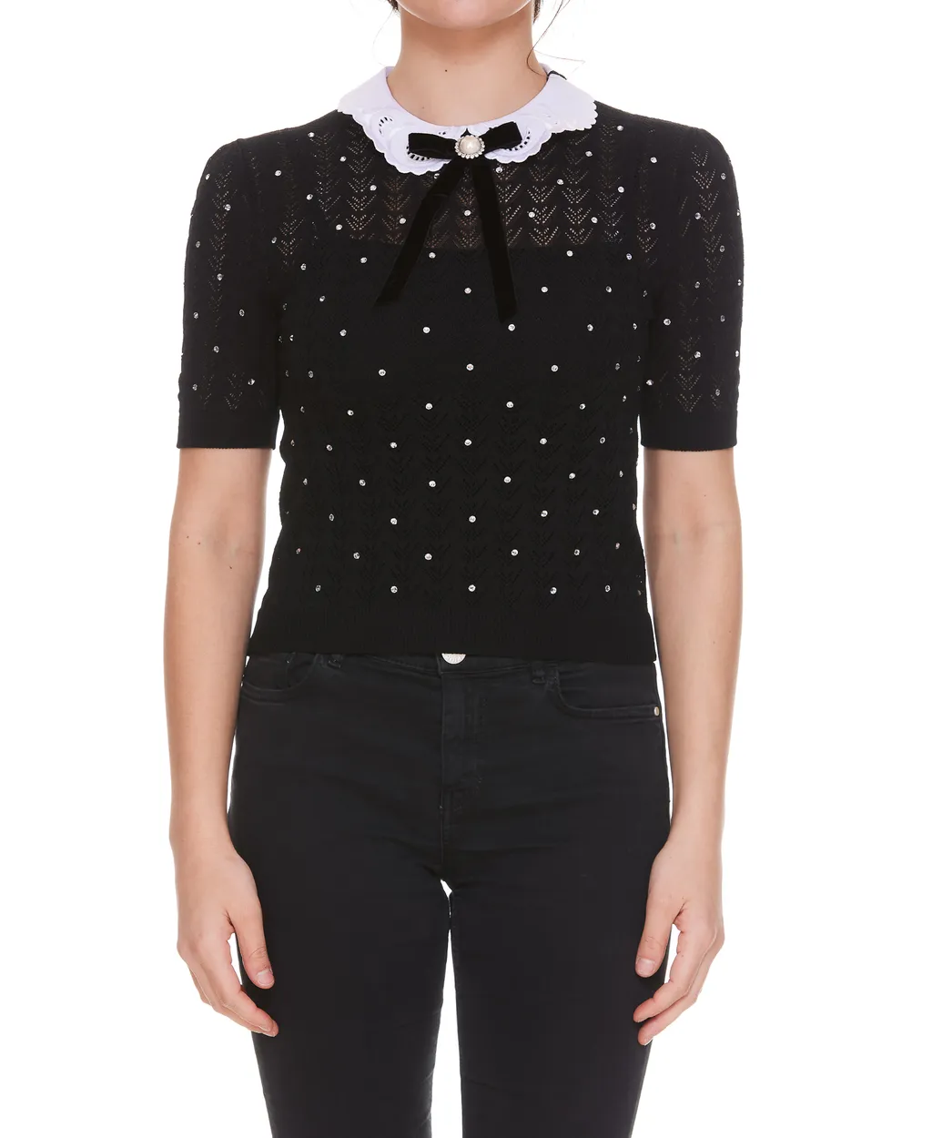 Contrast-Collar Crystal-Embellished Knitted Top