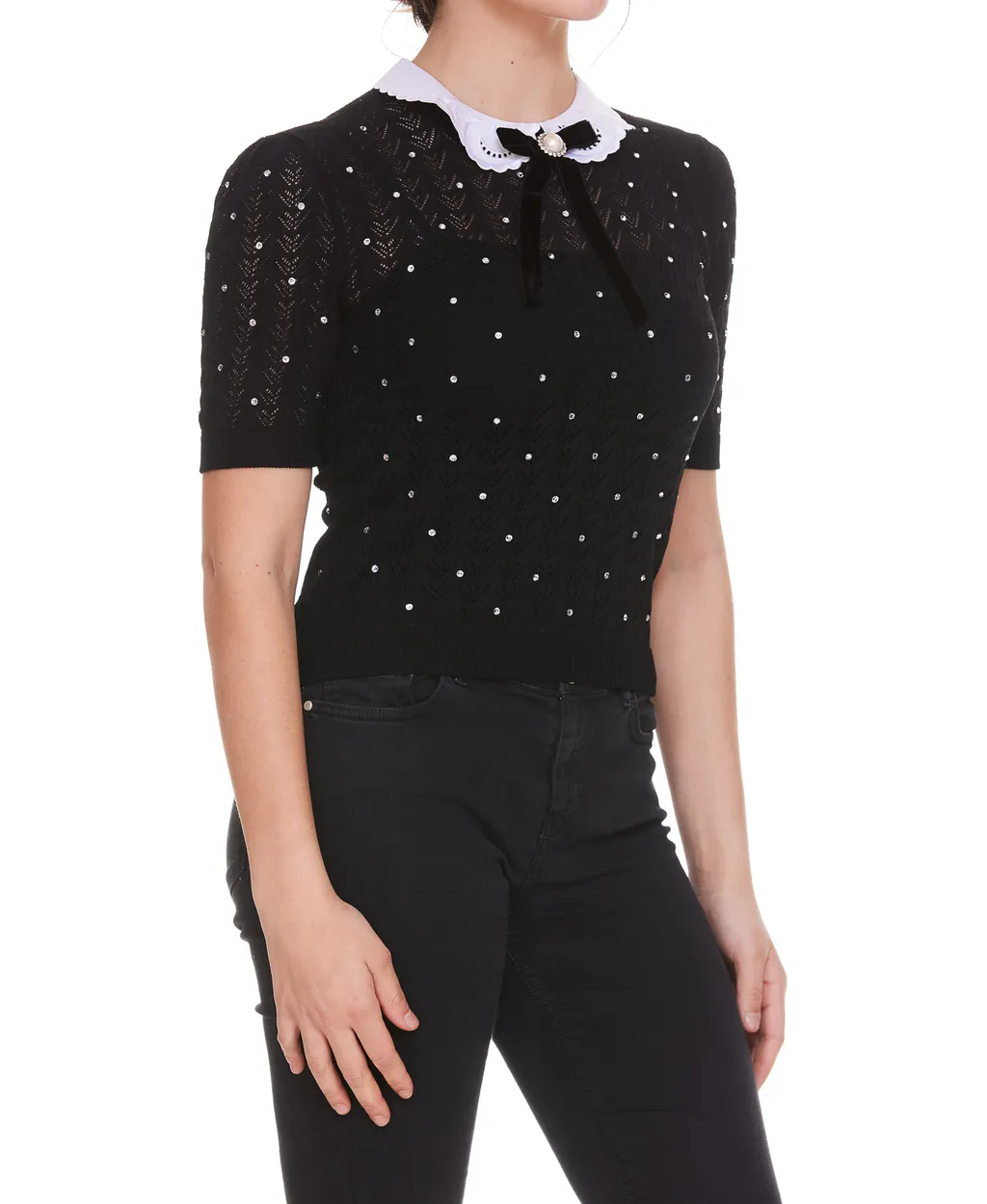 Contrast-Collar Crystal-Embellished Knitted Top