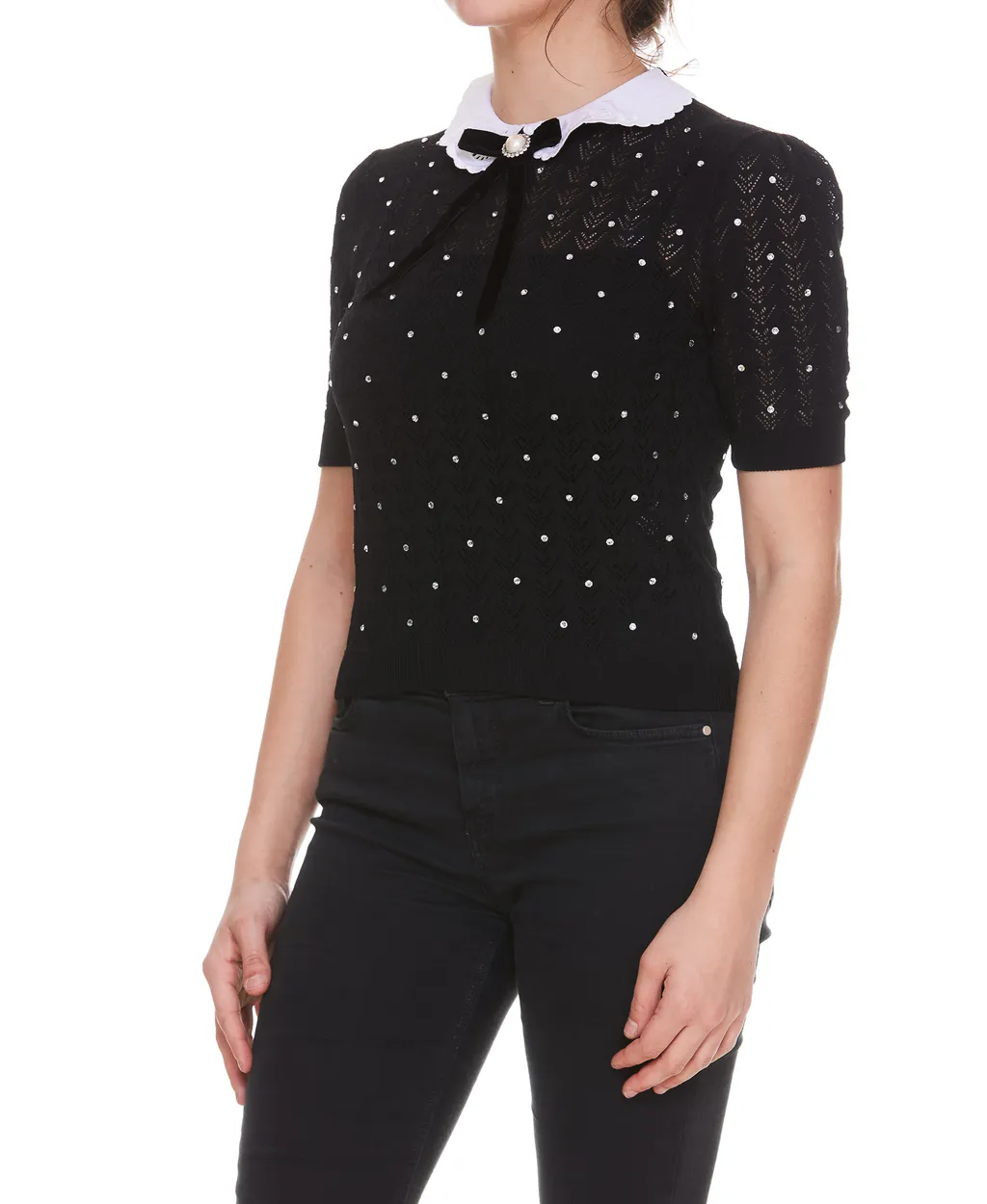 Contrast-Collar Crystal-Embellished Knitted Top