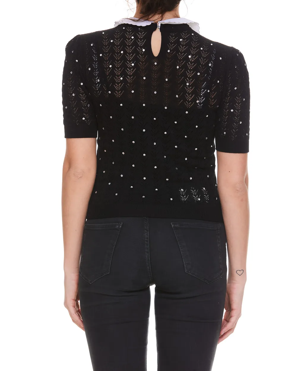 Contrast-Collar Crystal-Embellished Knitted Top