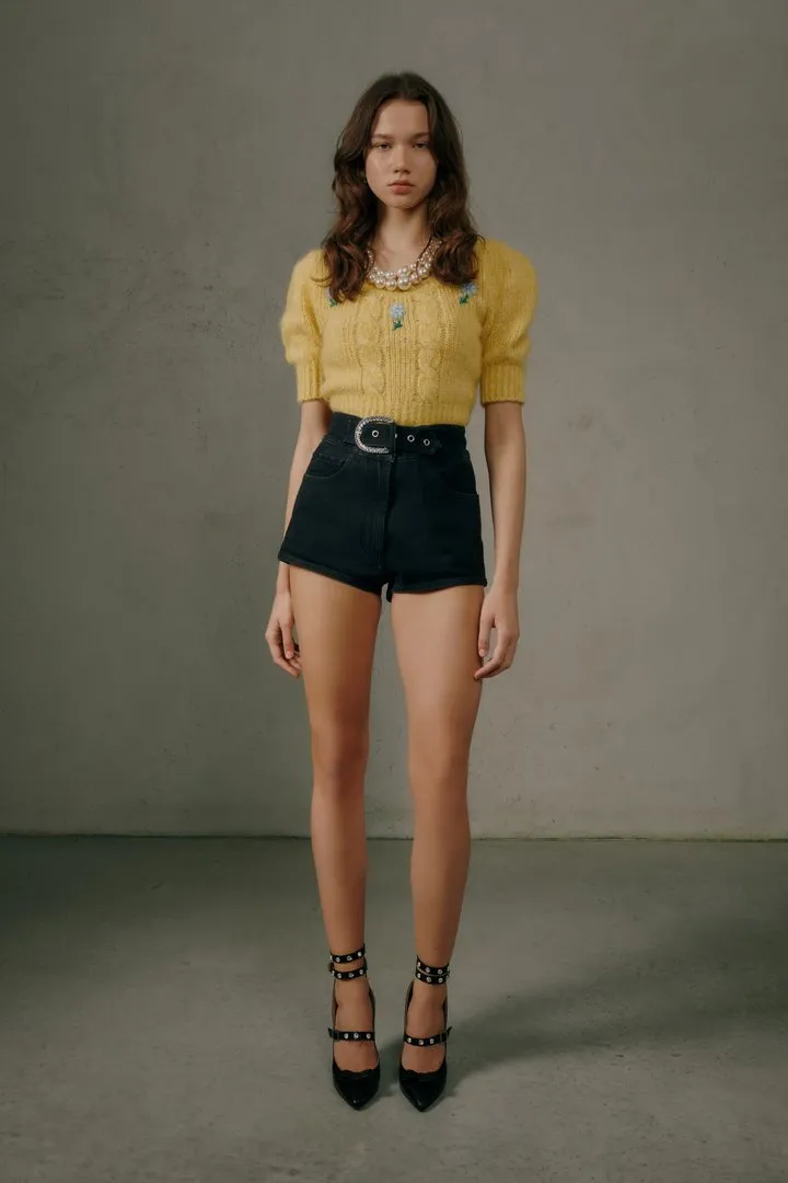 Belted High-Waisted Denim Shorts