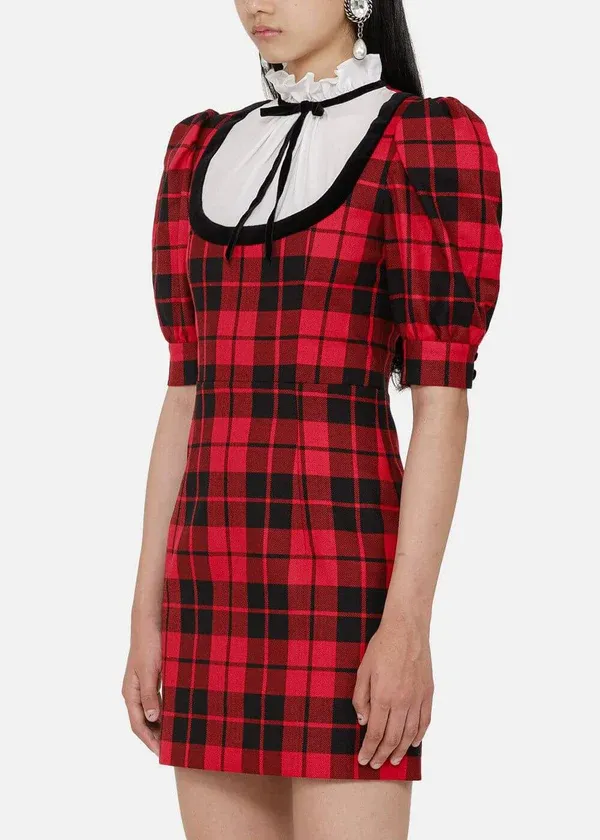 Plaid Short-Sleeved Wool Dress