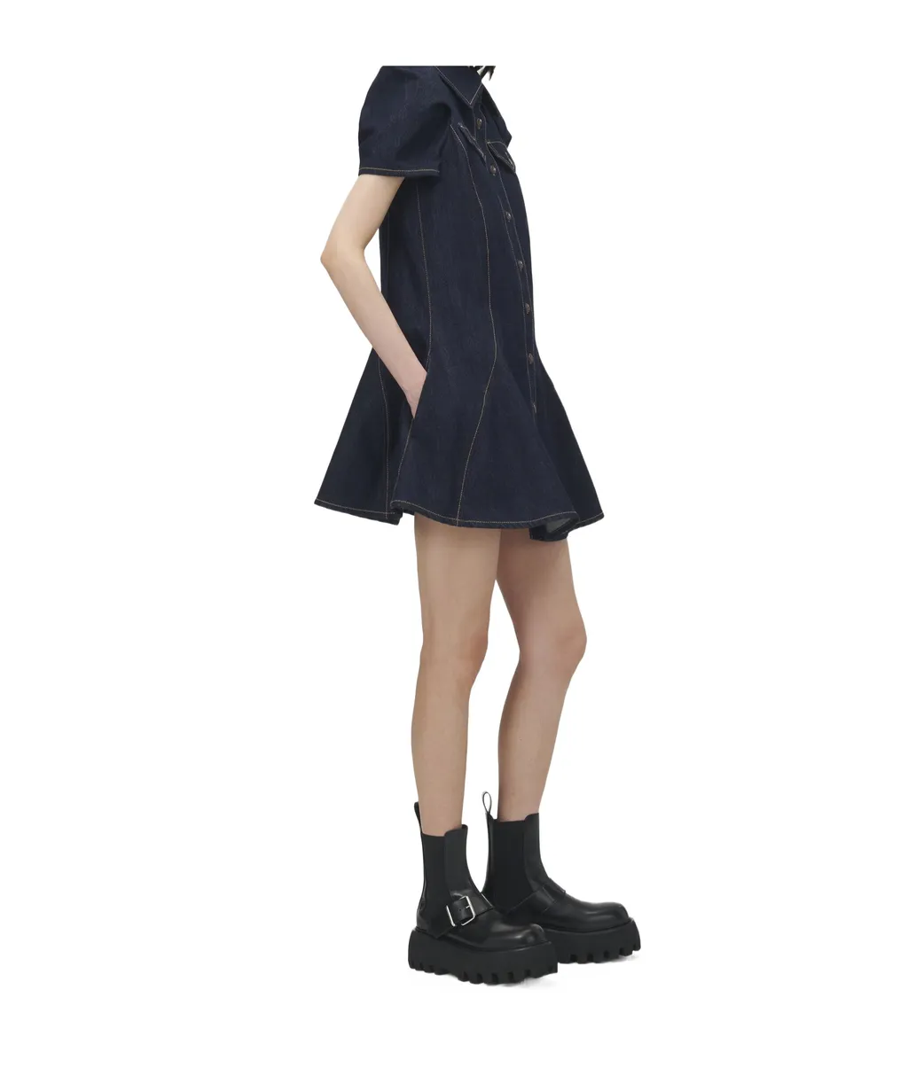 Pinched Shoulder Denim Mini Dress