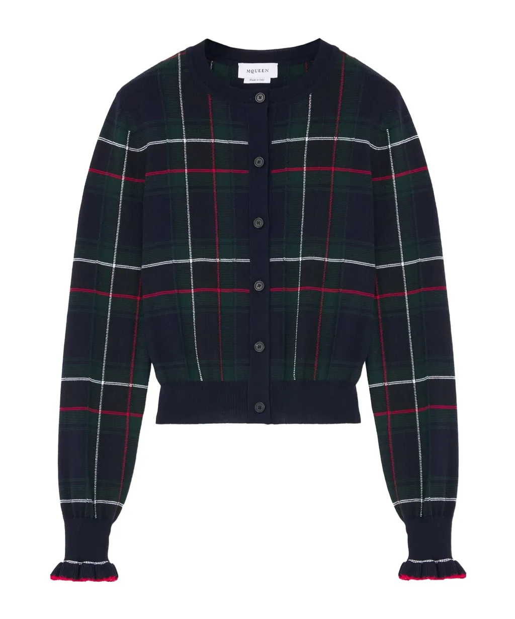 Plaid Ruffled-Cuff Cardigan