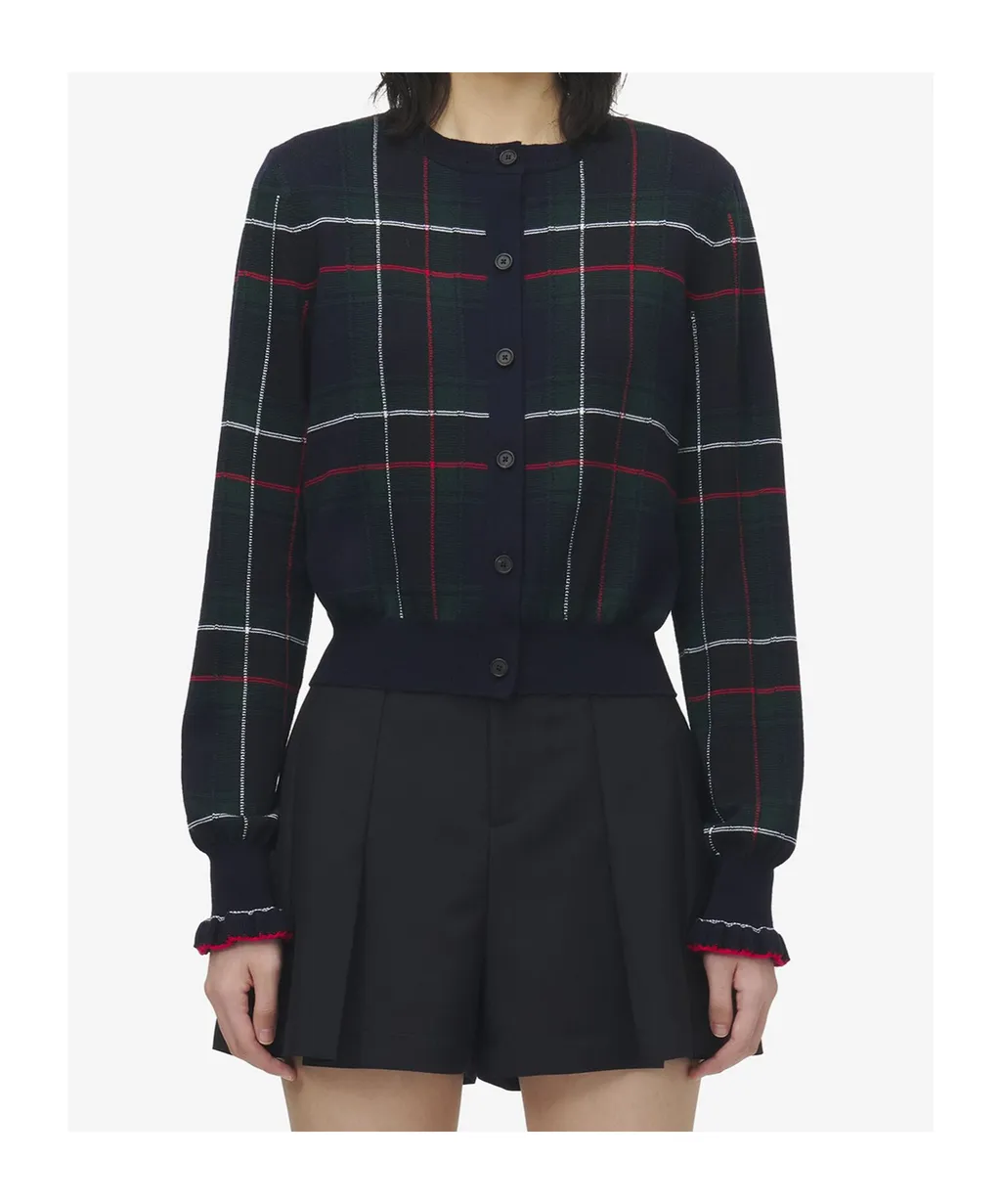 Plaid Ruffled-Cuff Cardigan