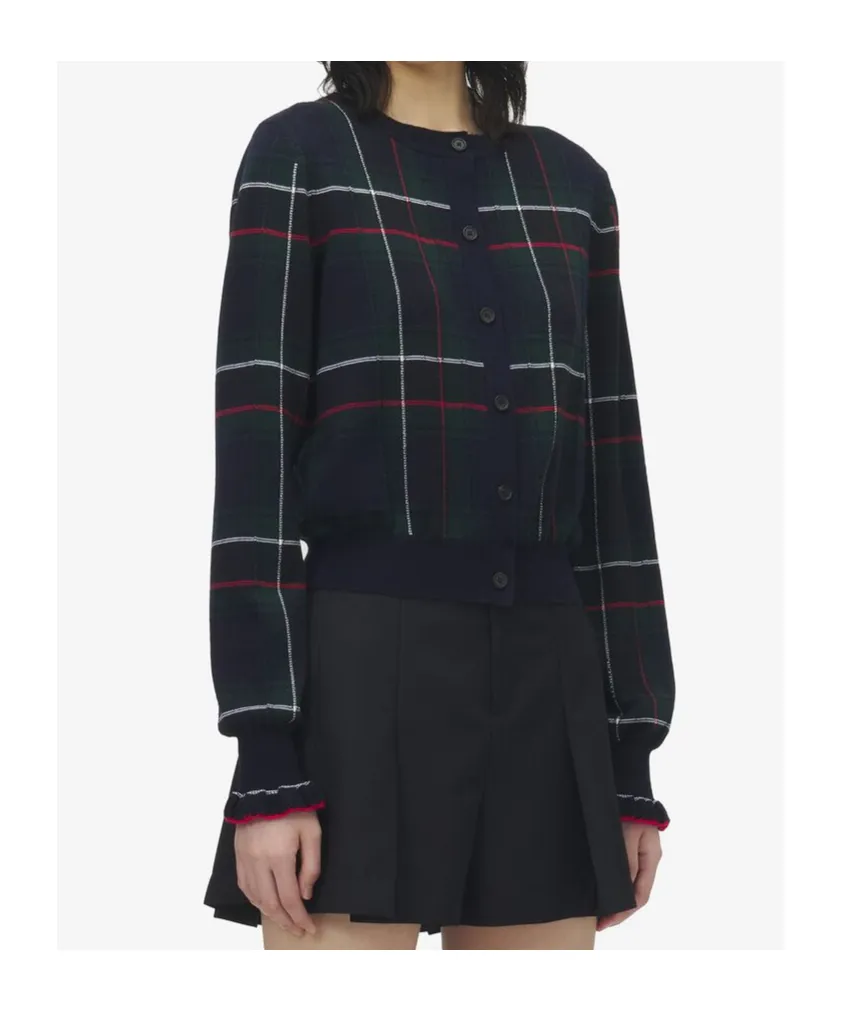 Plaid Ruffled-Cuff Cardigan