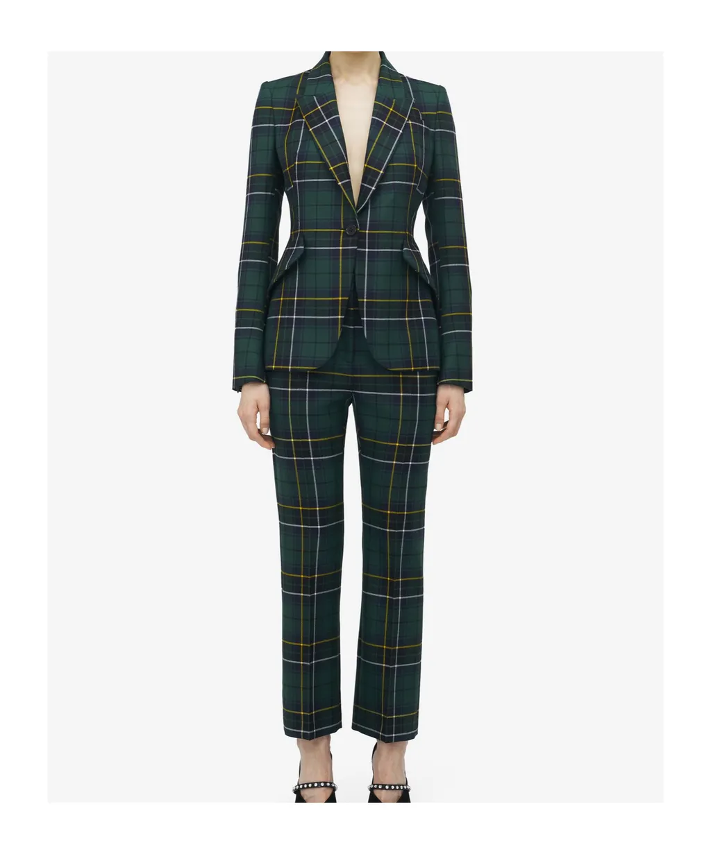 Peak-Lapel Tartan-Plaid Blazer