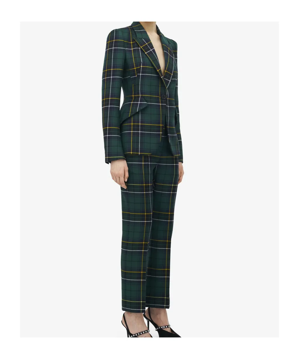 Peak-Lapel Tartan-Plaid Blazer