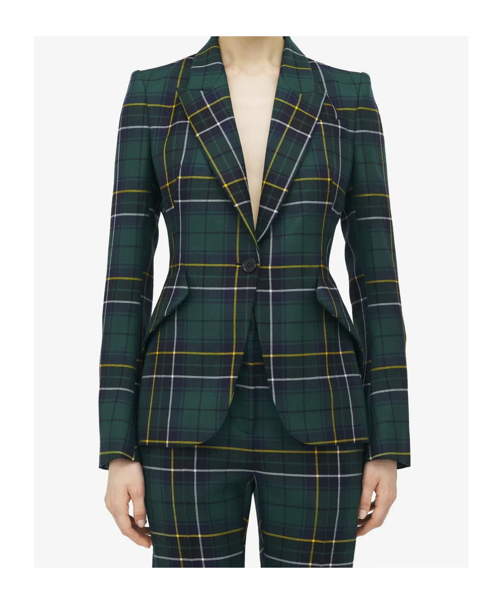 Peak-Lapel Tartan-Plaid Blazer