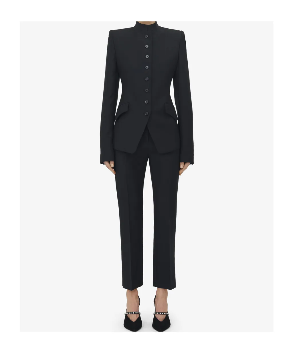 Mandarin-Collar Button-Front Fitted Jacket