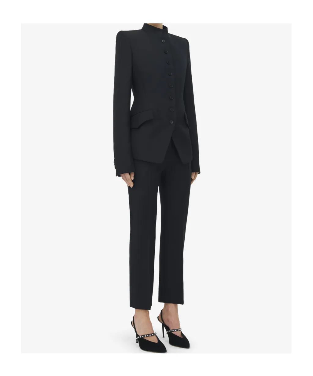 Mandarin-Collar Button-Front Fitted Jacket