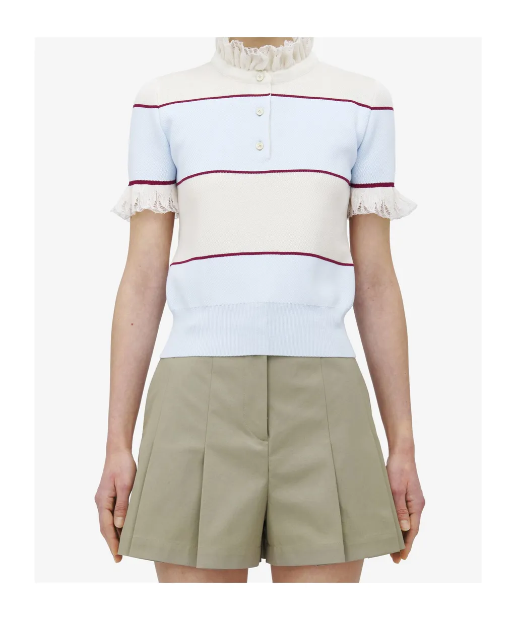Ruffled Detail Striped Polo Shirt