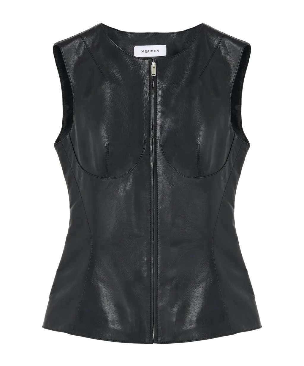 Zipped Crewneck Leather Vest