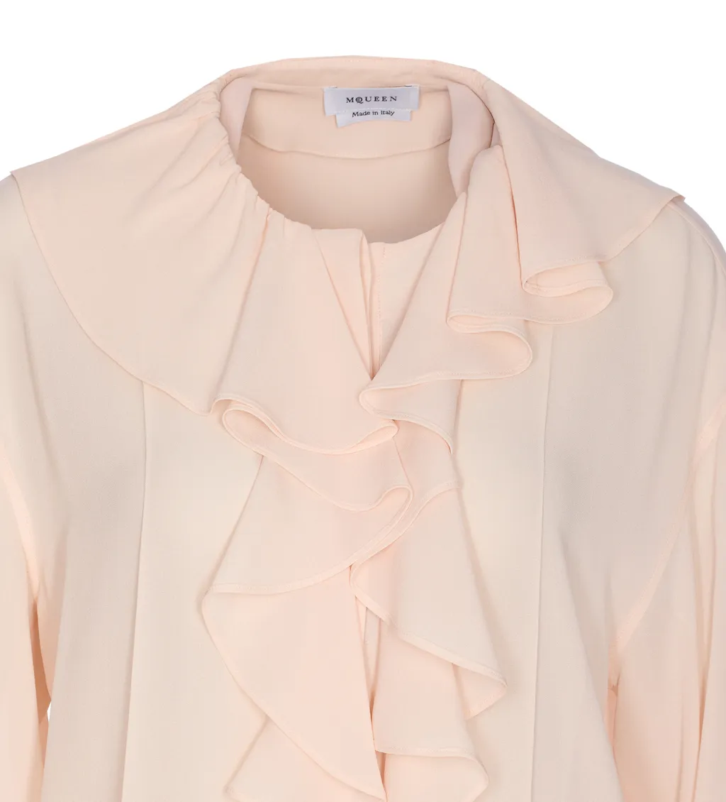 Long Sleeved Ruffled Crewneck Blouse