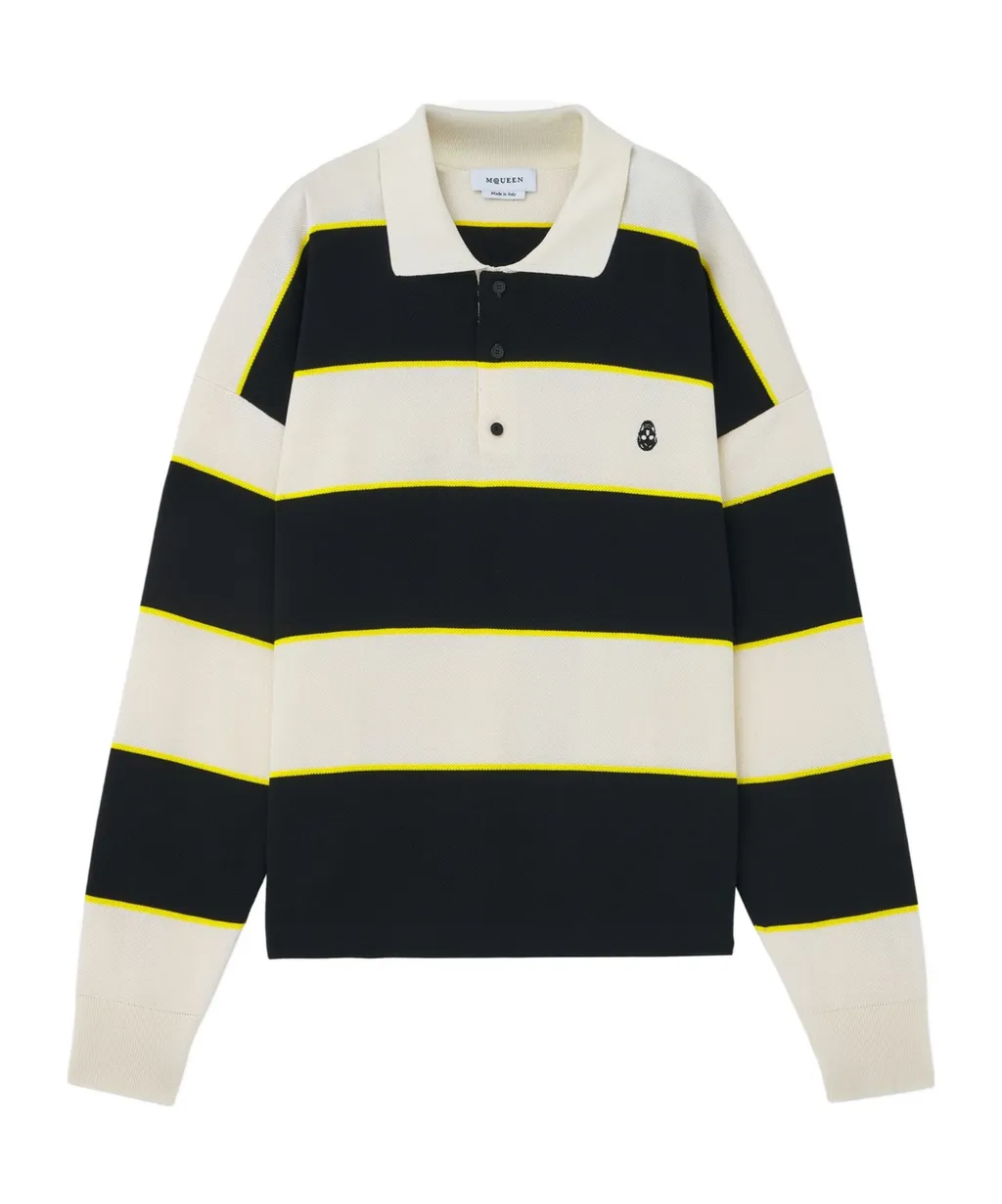 Skull Embroidered Knitted Striped Polo Shirt