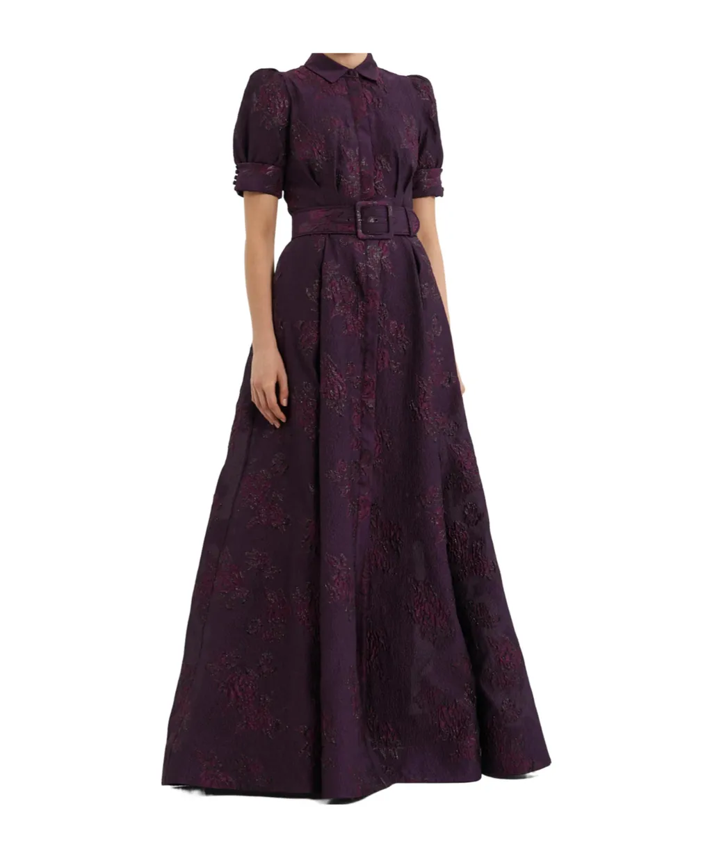 Afina Puff-Sleeve Brocade Gown