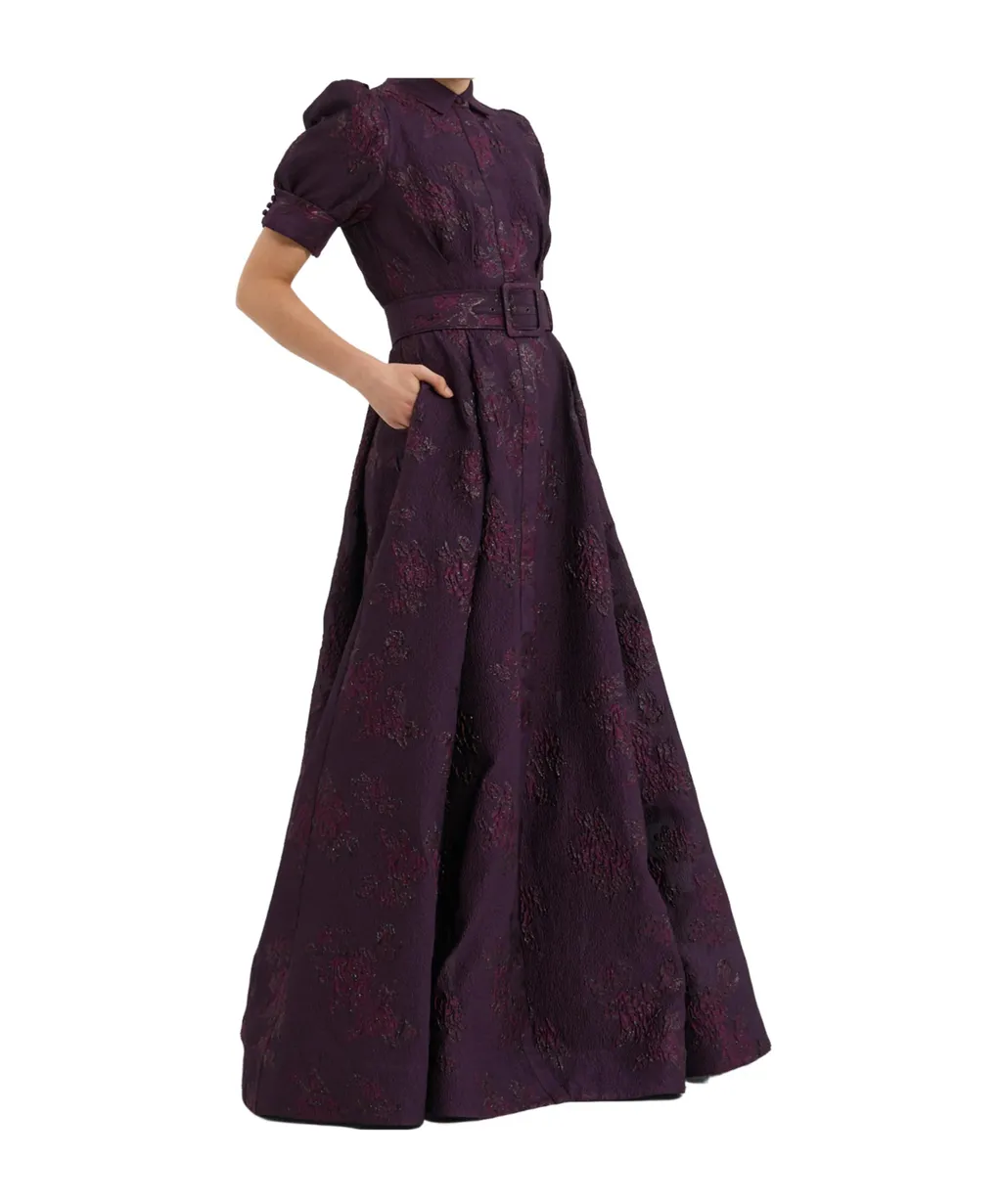 Afina Puff-Sleeve Brocade Gown