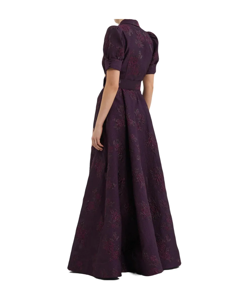 Afina Puff-Sleeve Brocade Gown