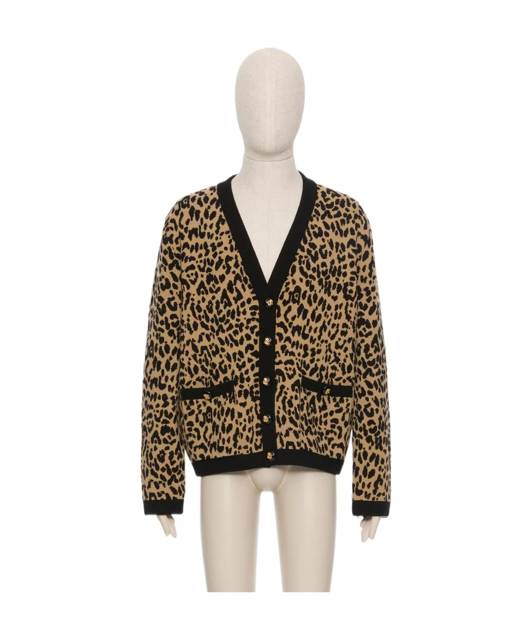 Wool Cardigan With Fauve Eclat Animal Print Jacquard