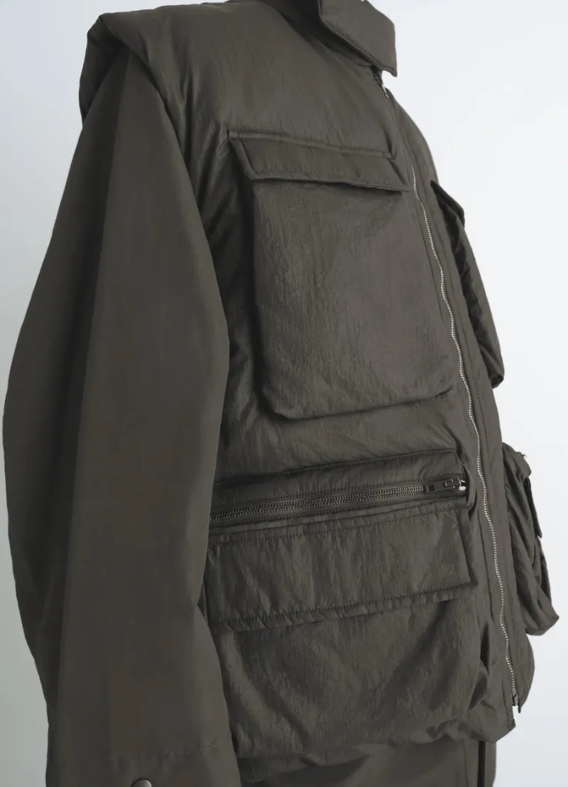 Wadded Zip-Fastening Multiple-Pocket Gilet