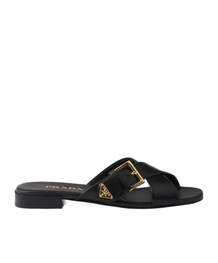 Leather Crisscross Slides With Buckle