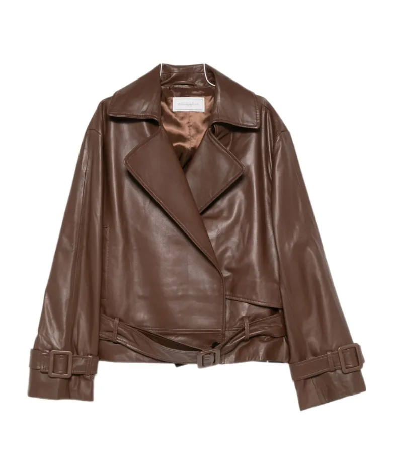 Collarless Long-Sleeve Leather Jacket