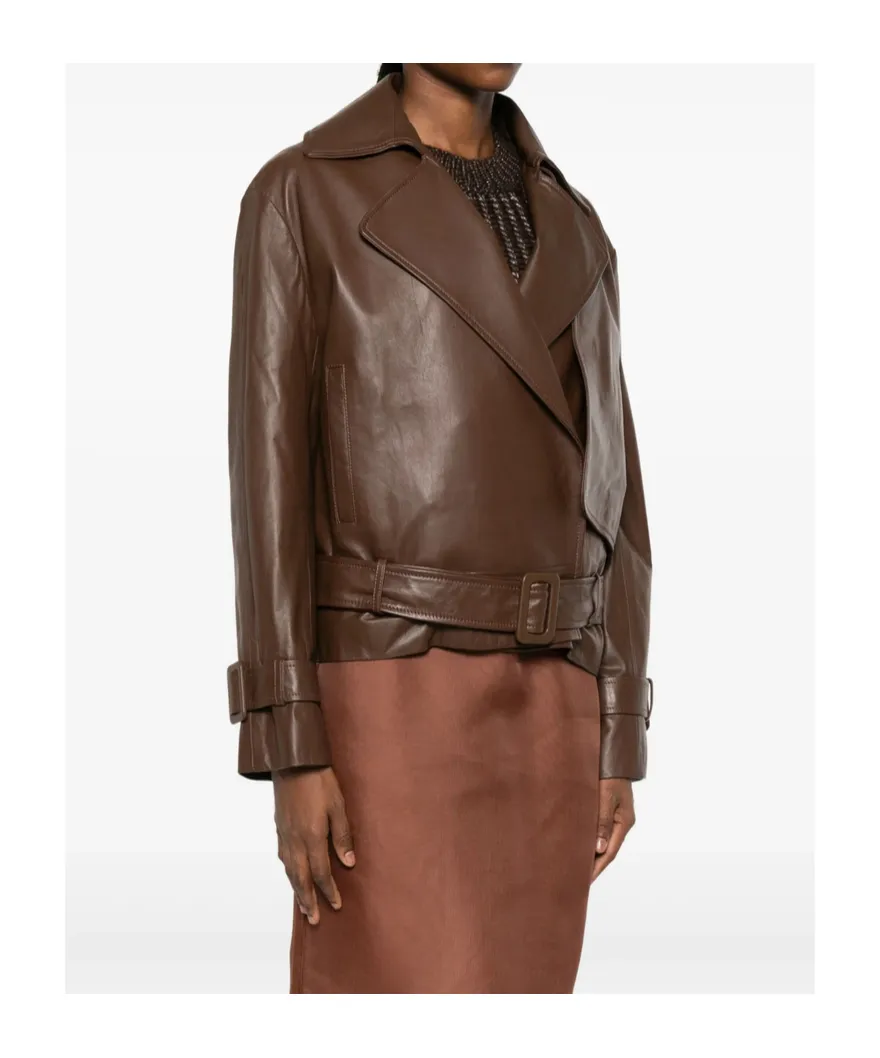 Collarless Long-Sleeve Leather Jacket