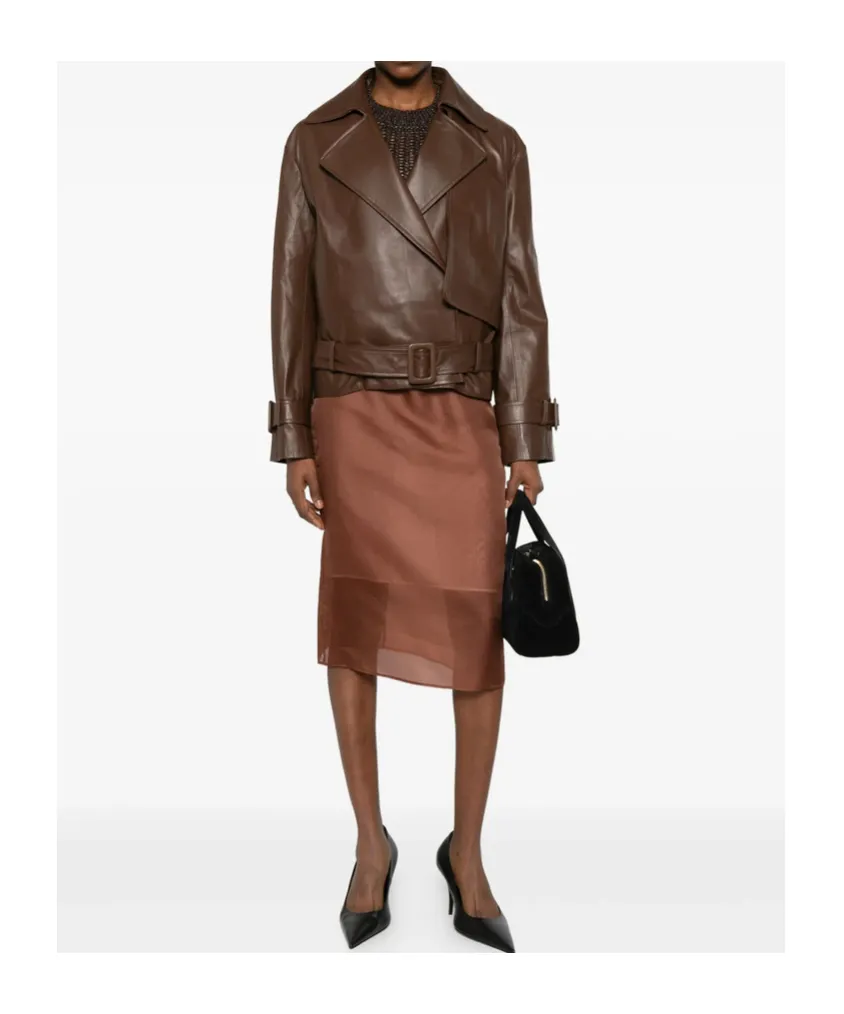 Collarless Long-Sleeve Leather Jacket
