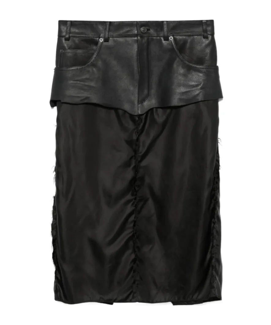 Leather-Panel Midi Skirt