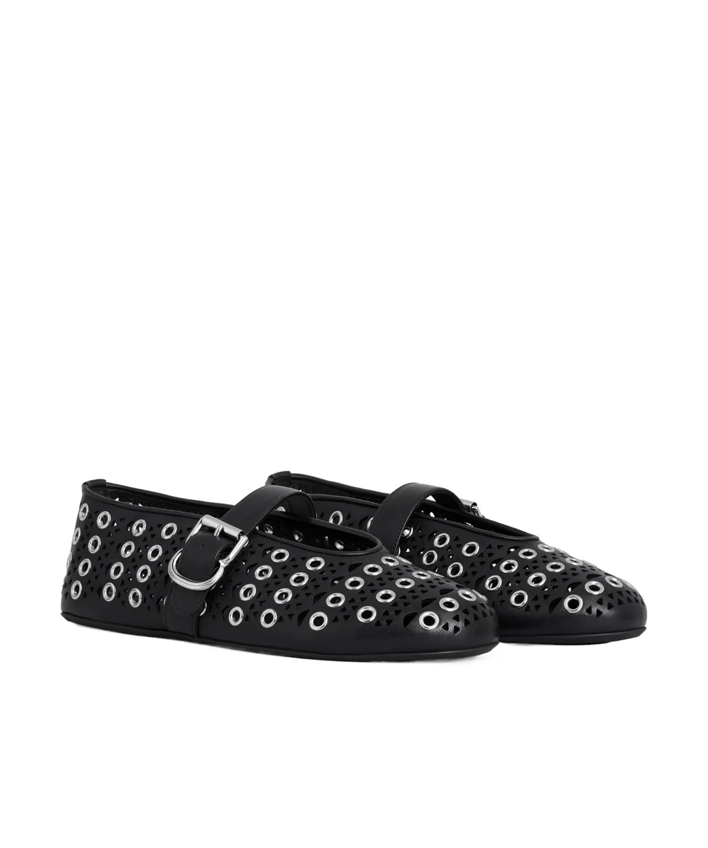 Eyelet-Embellished Slip On Ballet Flats