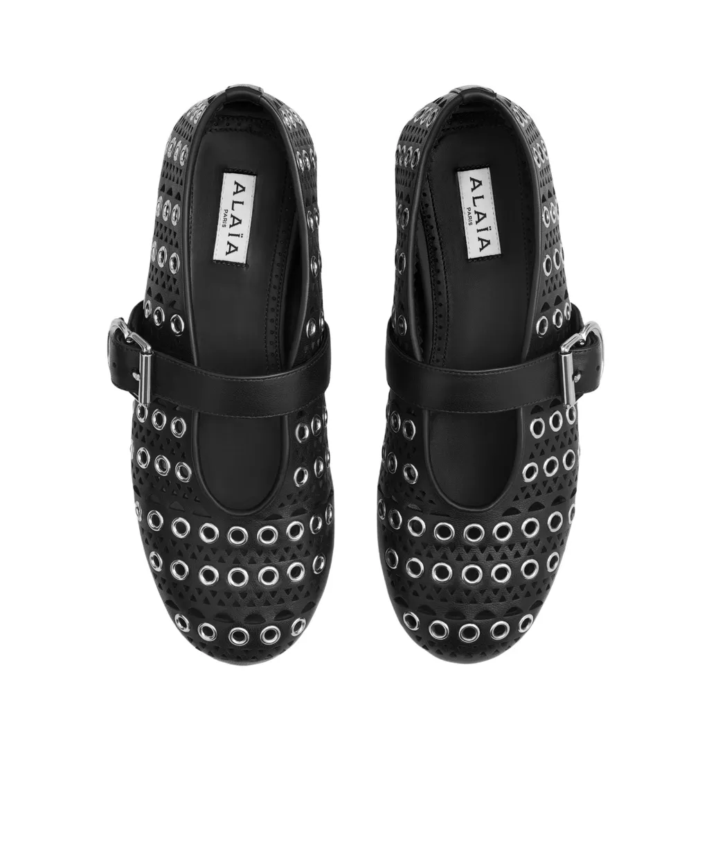 Eyelet-Embellished Slip On Ballet Flats