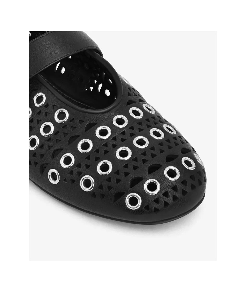 Eyelet-Embellished Slip On Ballet Flats