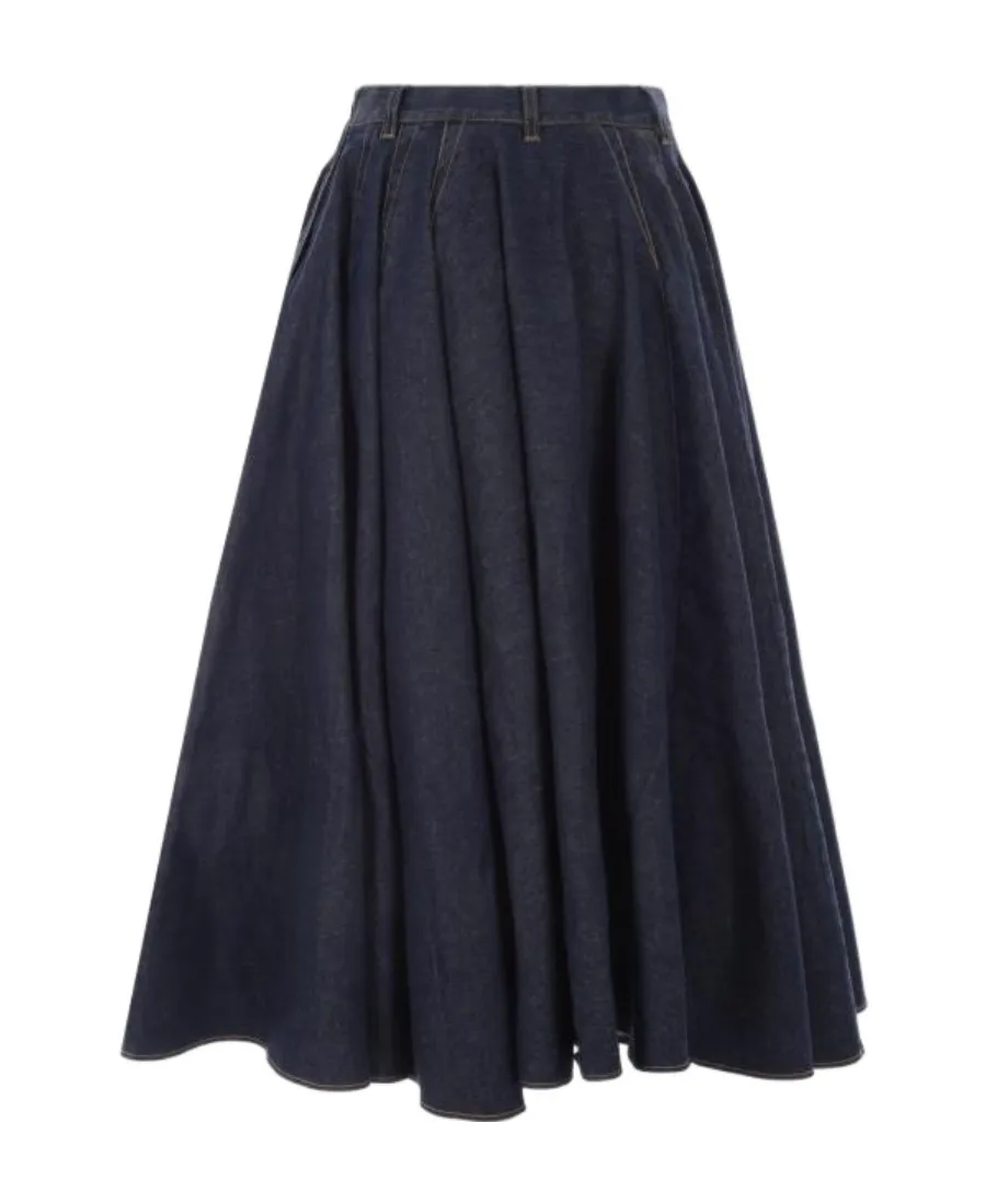 Pleat Detailed Denim Midi Skirt