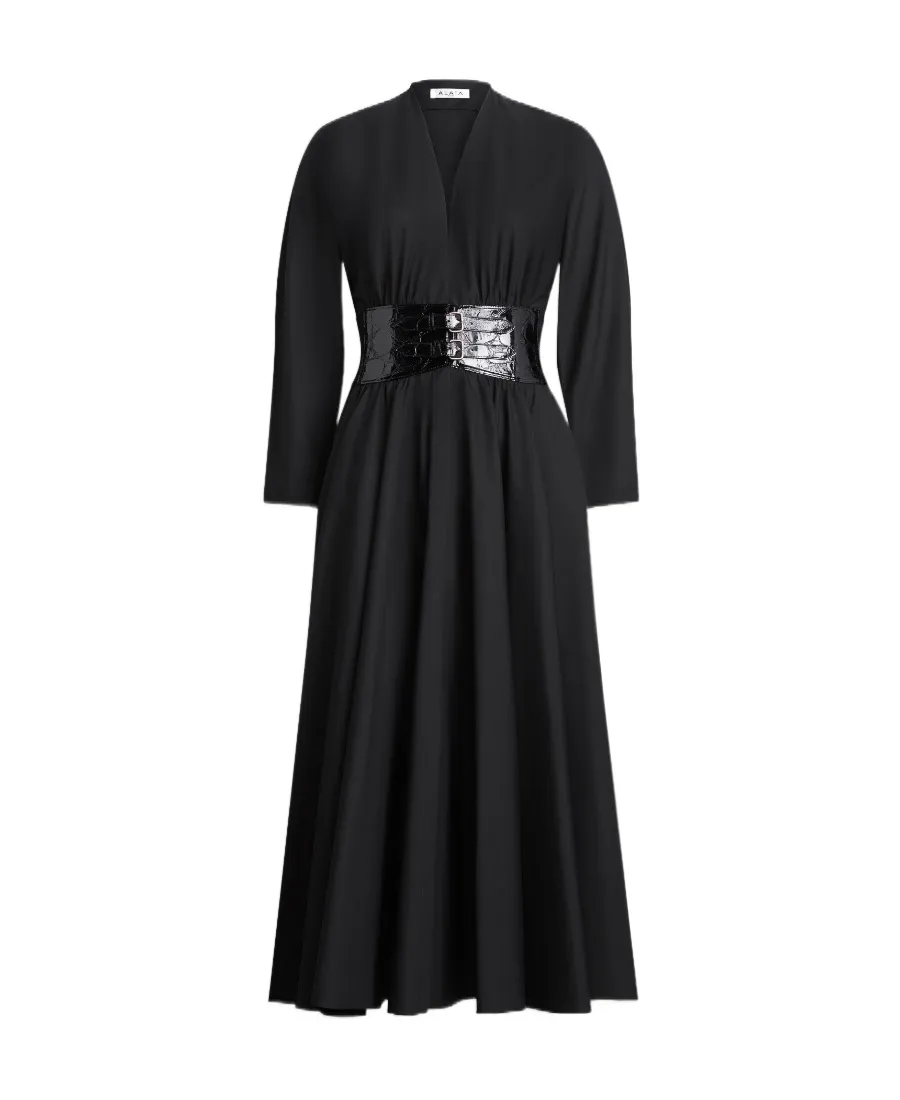 V-Neck Belted Midi Dress