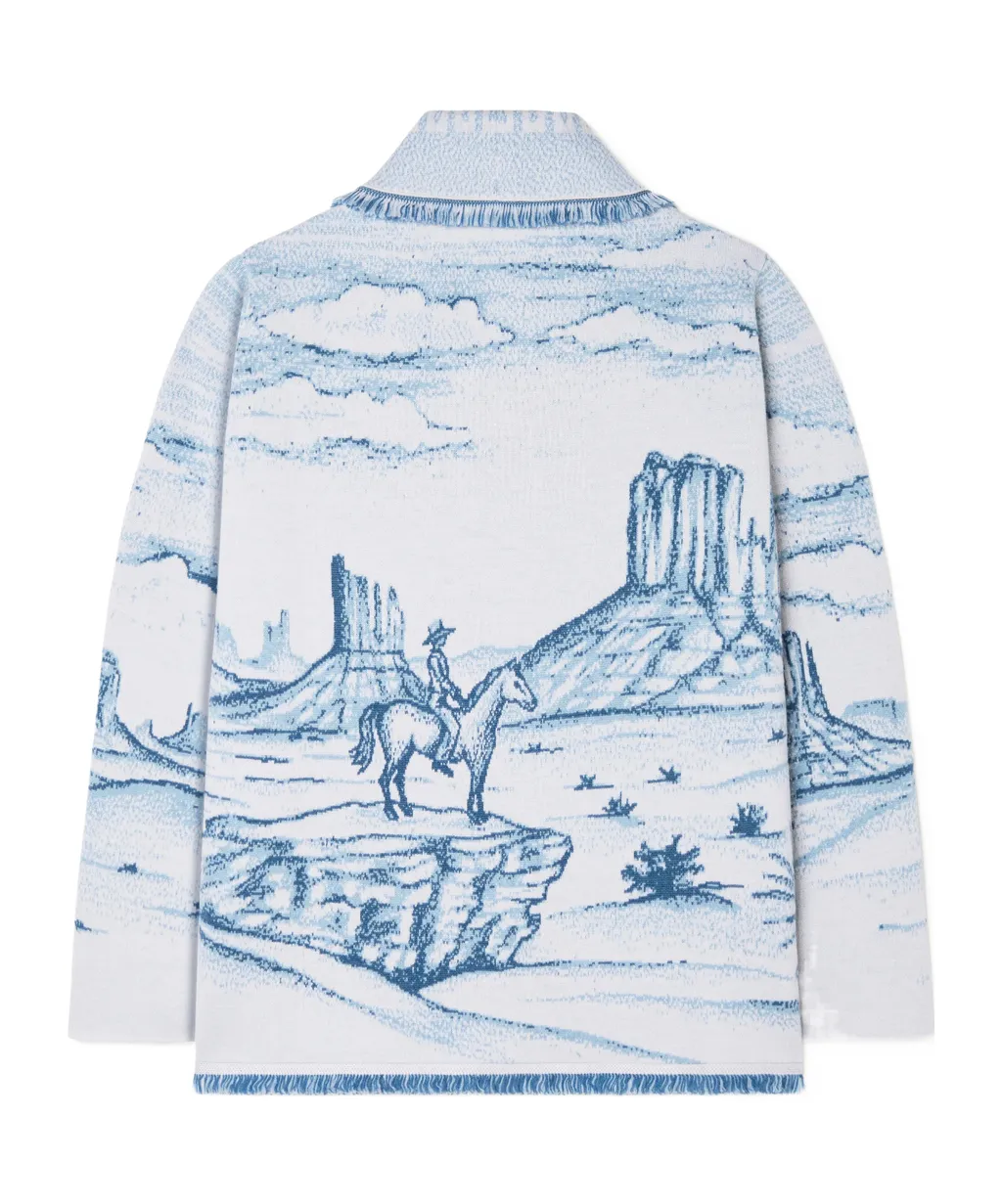 Silent Rider Landscape-Intarsia Fringed Cardigan