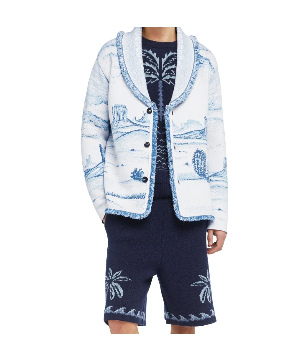 Silent Rider Landscape-Intarsia Fringed Cardigan