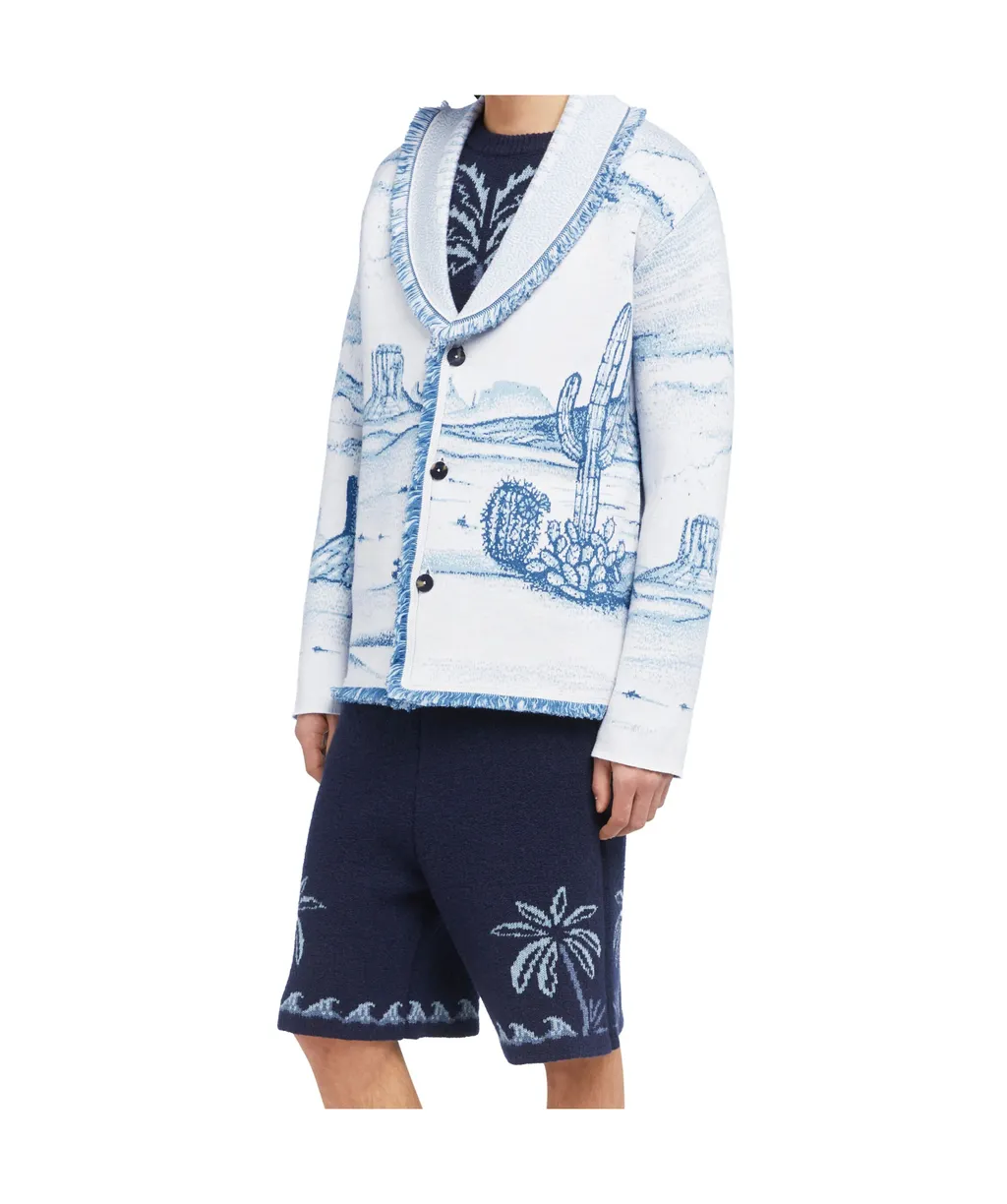 Silent Rider Landscape-Intarsia Fringed Cardigan
