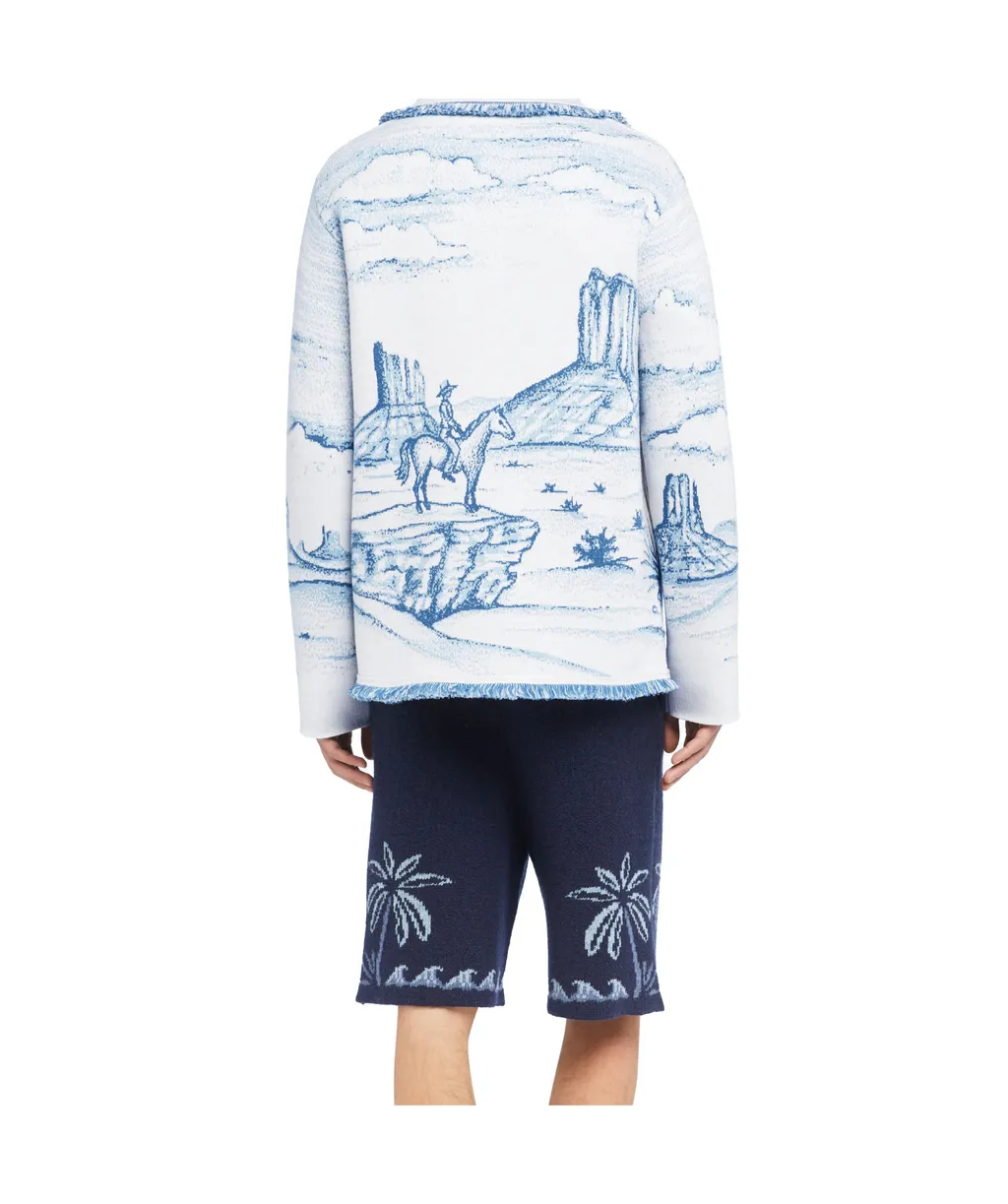 Silent Rider Landscape-Intarsia Fringed Cardigan