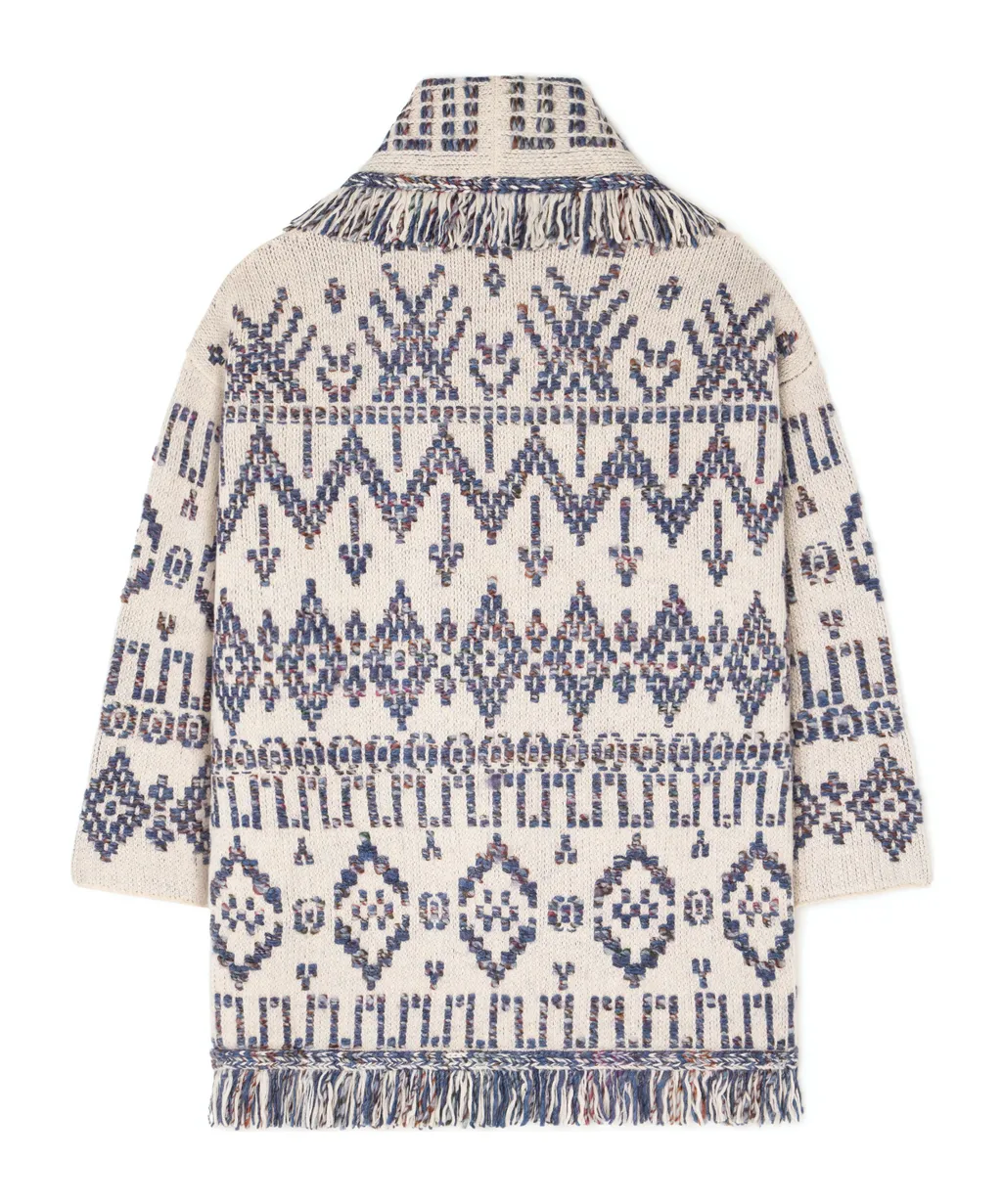 Geometric-Pattern Fringed Cardigan