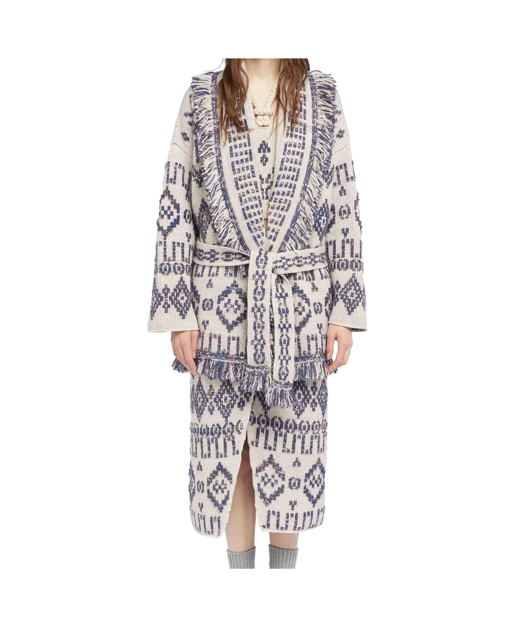 Geometric-Pattern Fringed Cardigan