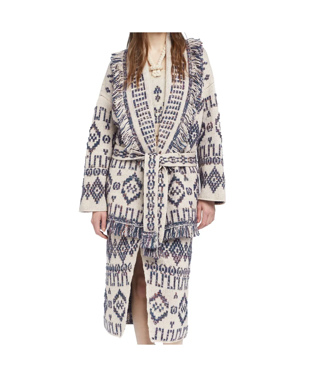 Geometric-Pattern Fringed Cardigan