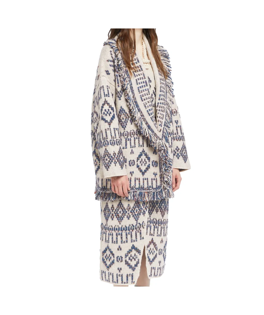 Geometric-Pattern Fringed Cardigan