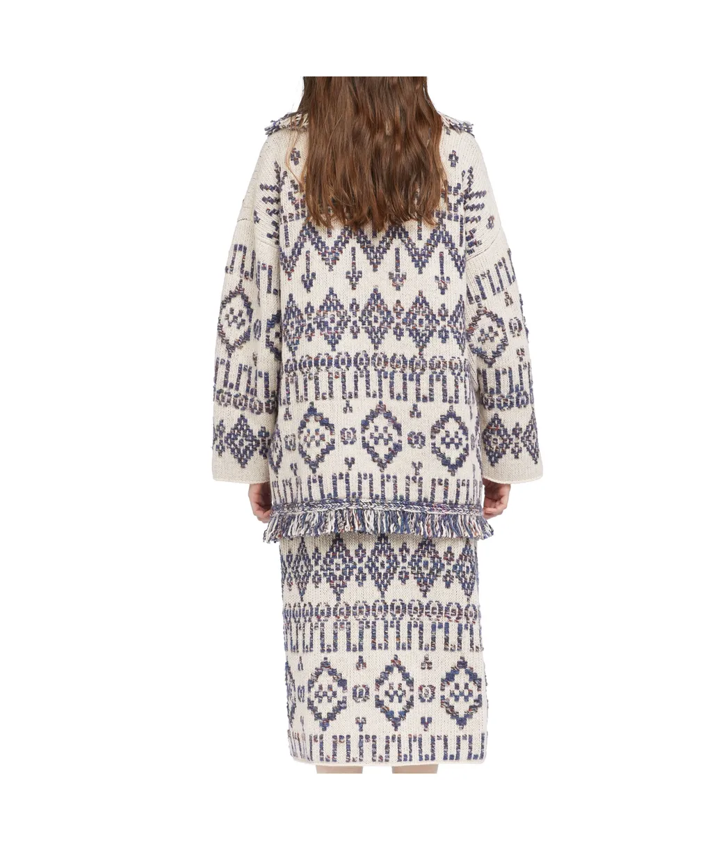 Geometric-Pattern Fringed Cardigan