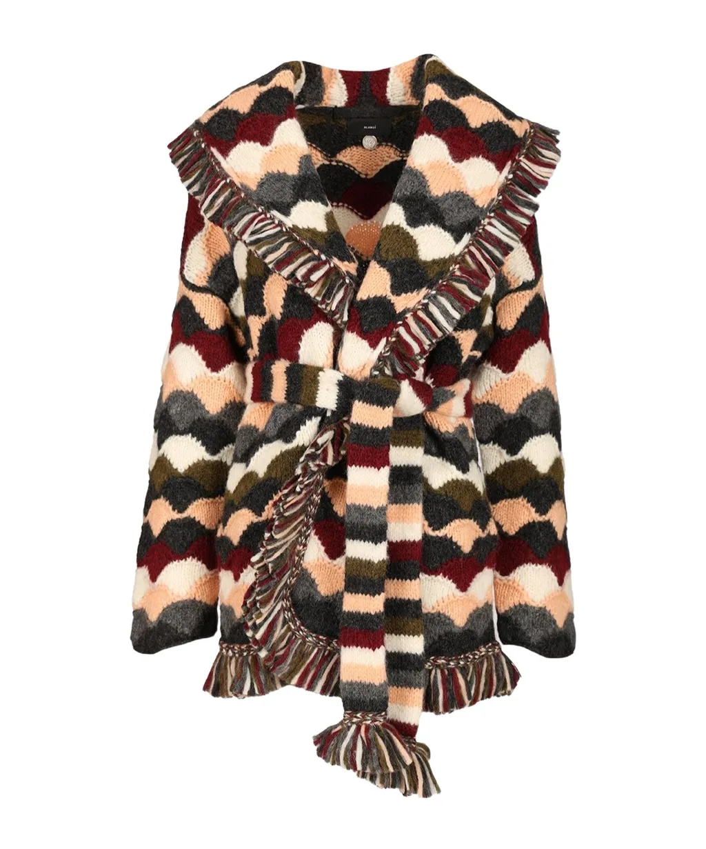 Wave-Pattern Fringed Cardigan