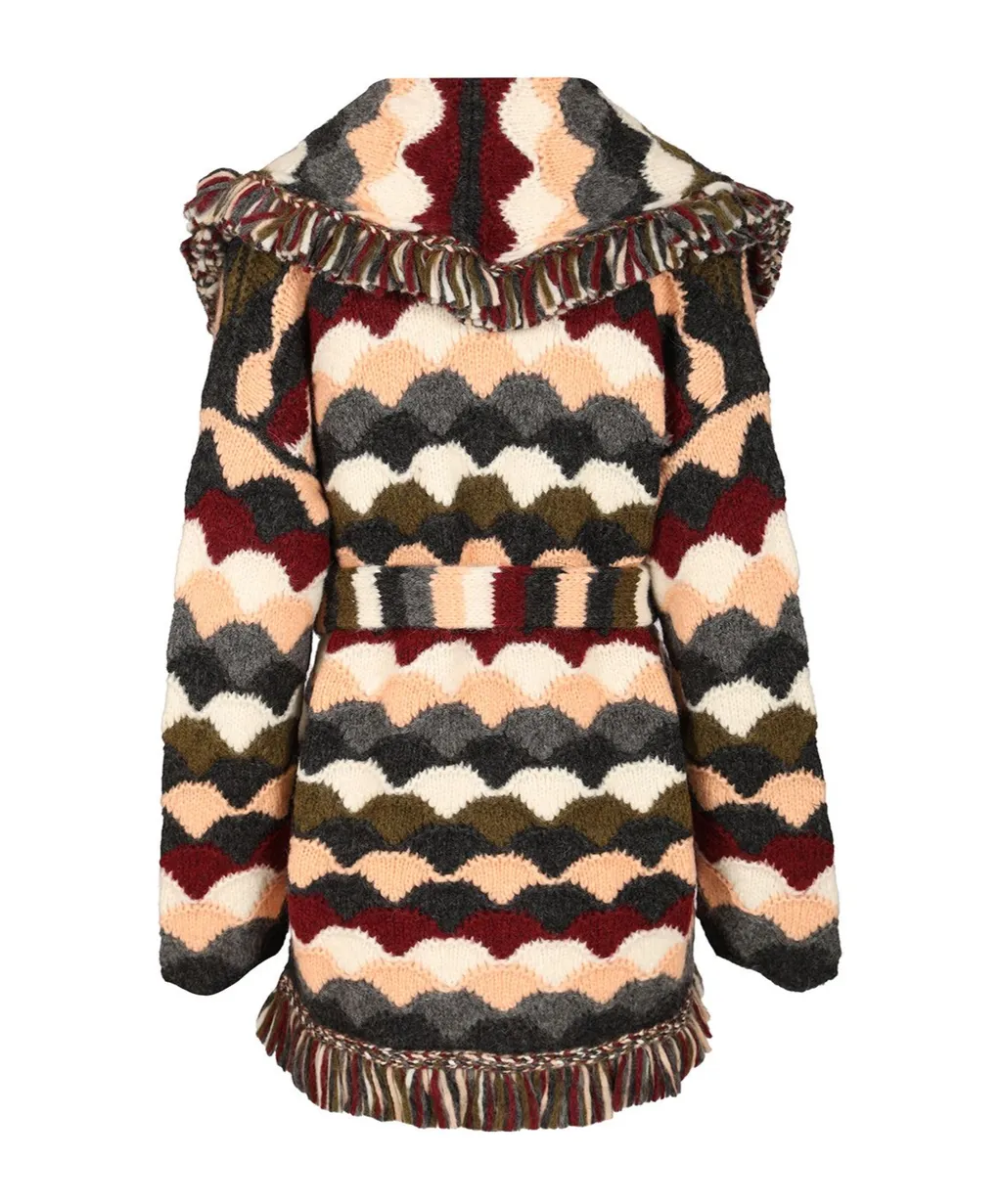Wave-Pattern Fringed Cardigan