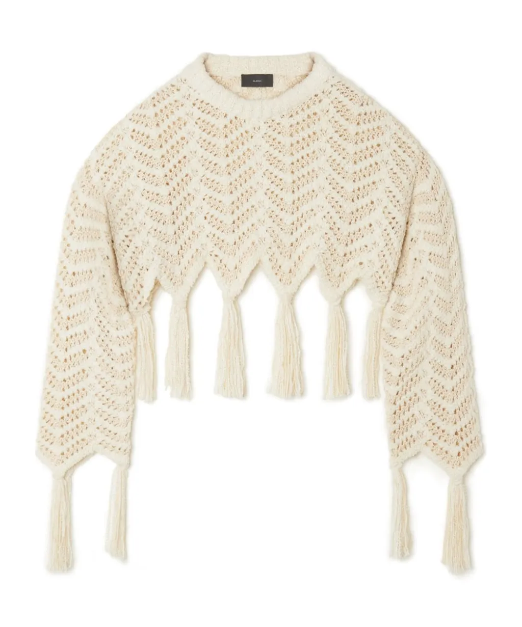 Chevron-Knit Fringed Cropped Crewneck Jumper