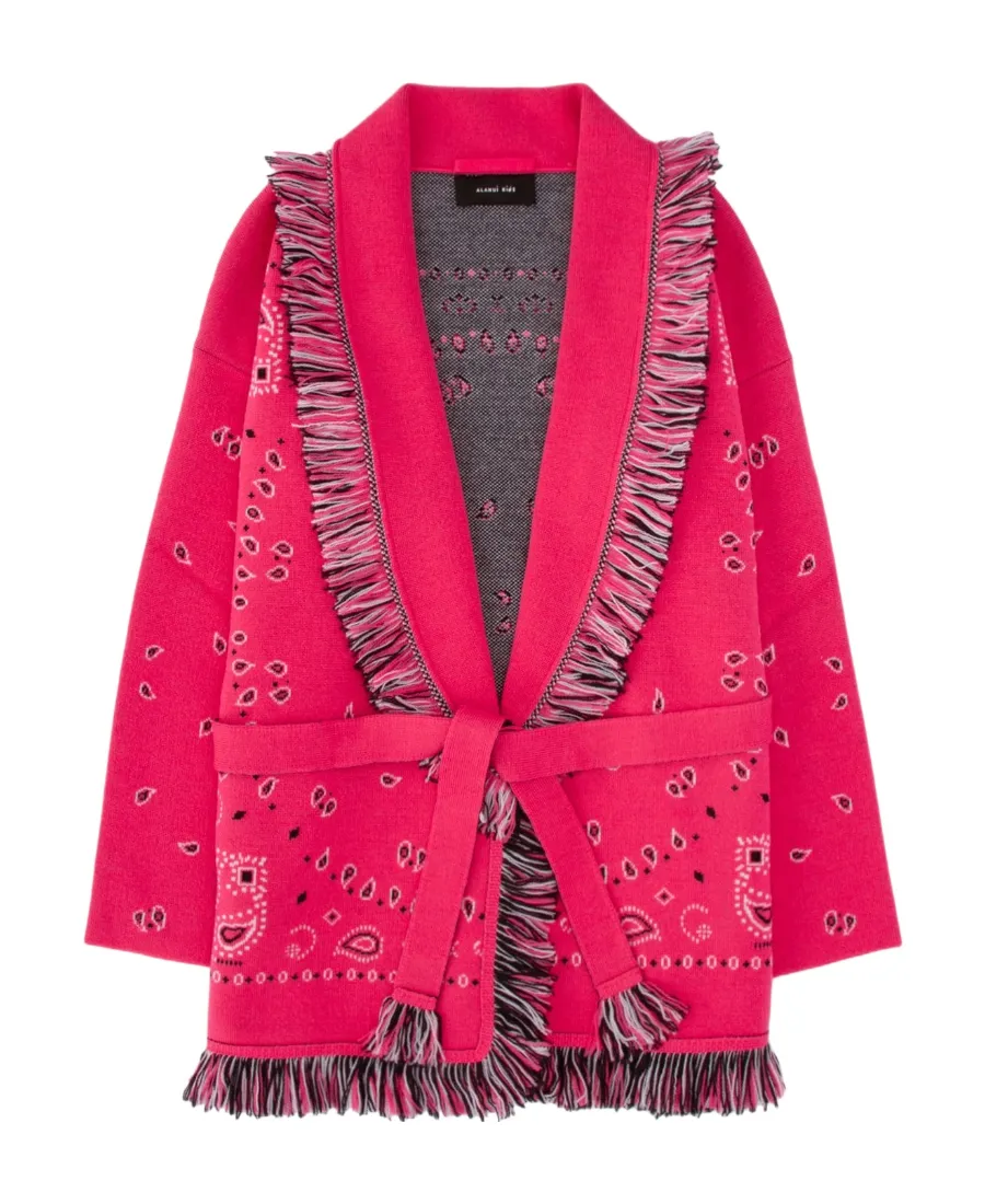 Bandana Jacquard Belted Fringed Cardigan